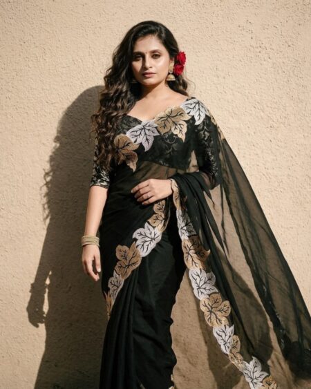 Black Organza Saree with Luxury Leaf Embroidery Border