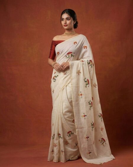 Traditional Off White Saree with Handcrafted Floral Work
