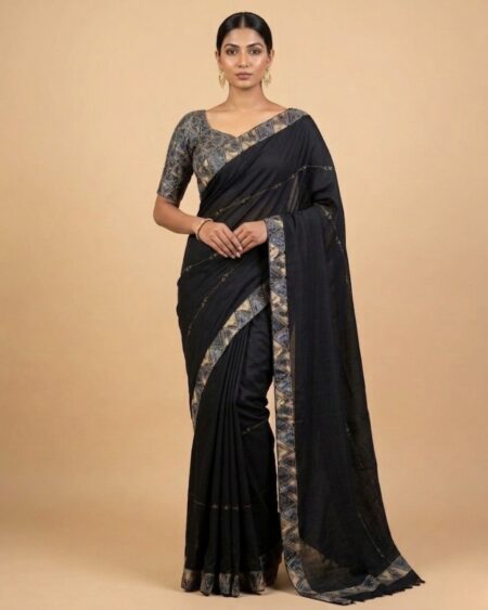 Classic Black Saree with Geometric Woven Border Design