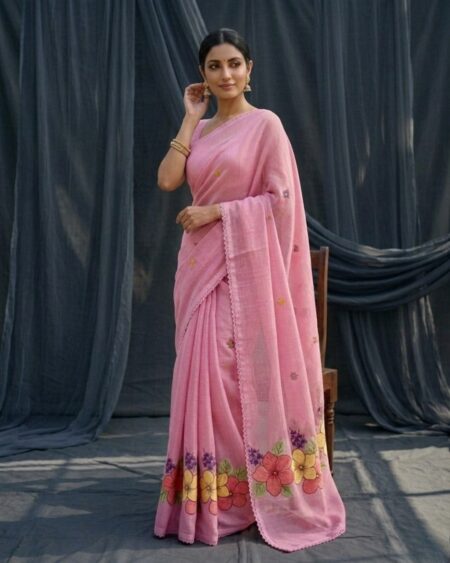 Elegant Pink Designer Saree with Handcrafted Flower Motifs