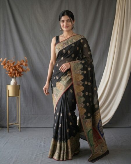 Premium Black Festive Saree with Traditional Weaving and Contrast Border