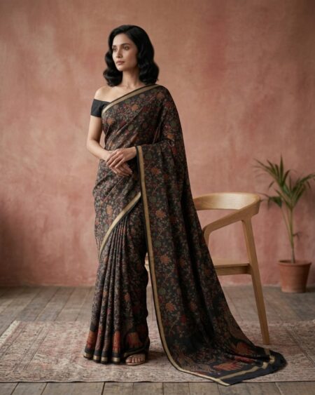 Luxury Black Floral Print Saree for Women with Contrast Border Detailing