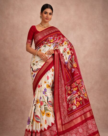 Party Wear Floral Print Saree with Red Zari Border and Blouse Piece