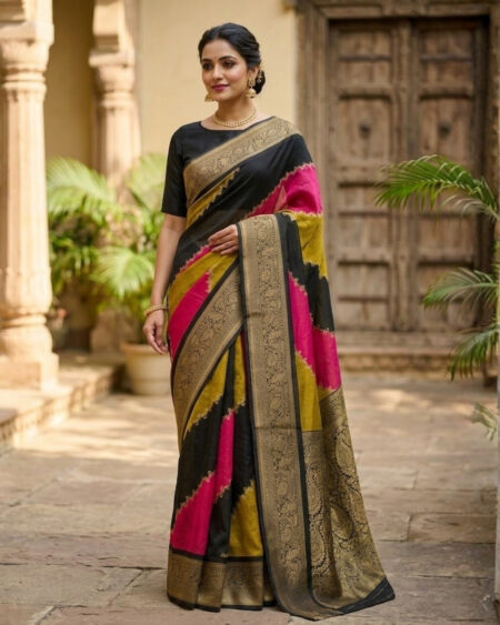 Luxury Black Saree with Contrast Pink Yellow Border and Blouse Piece