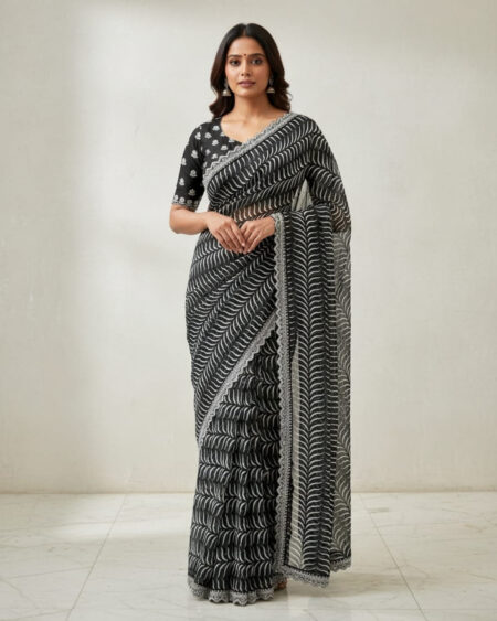 Premium Black and White Geometric Print Saree with Matching Blouse