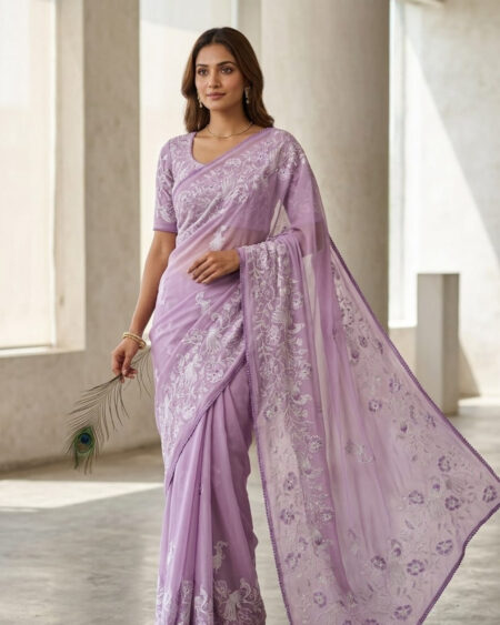 Luxury Lavender Ethnic Saree with Delicate Thread Embroidery Design