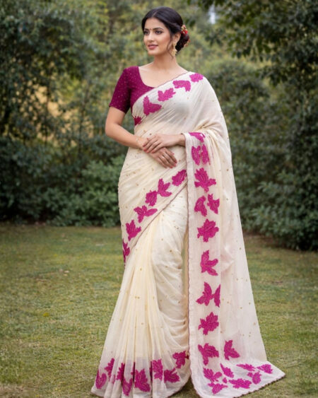 Designer Off White Saree with Pink Embroidered Motifs | Wedding & Festive Wear