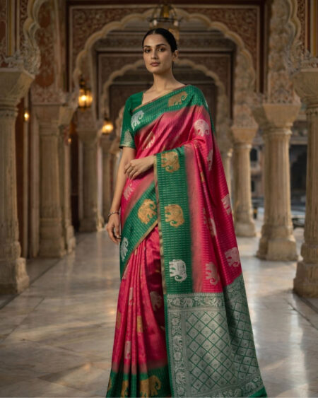 Traditional Banarasi Saree for Women with Silver Zari Weaving & Elephant Design